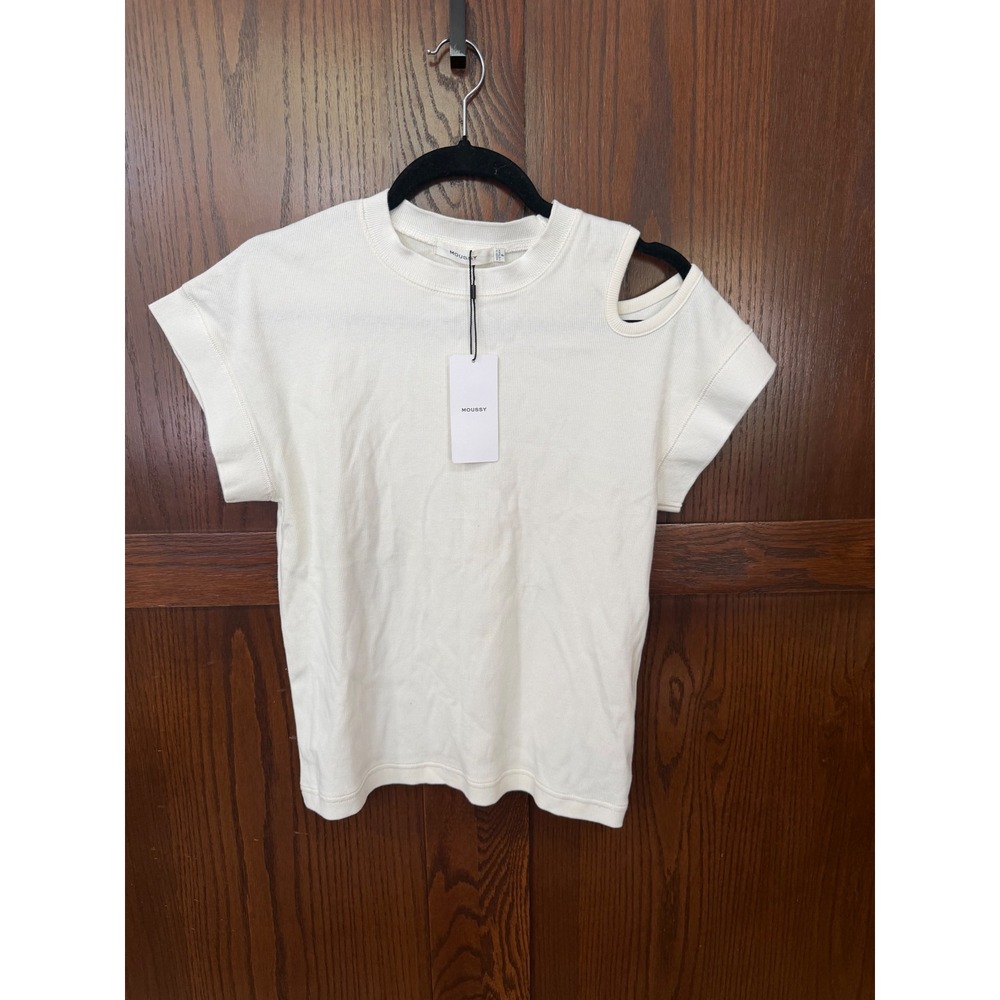 NWT Moussy Vintage Womens White Ribbed Cold Shoulder Cutout Tee Size Free